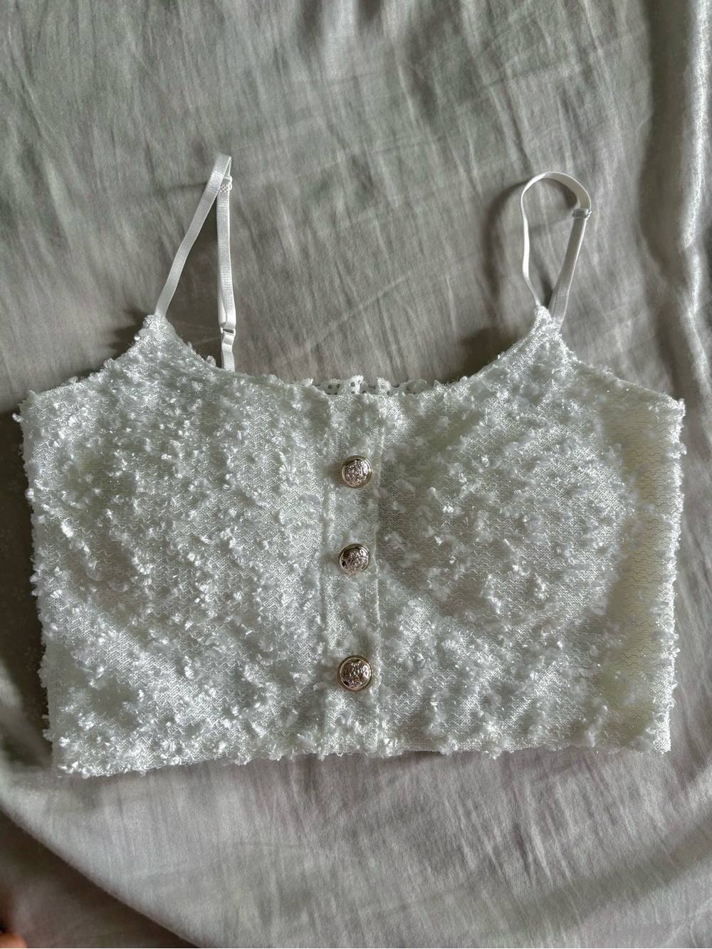 White Textured Crop Cami Top with Buttons - Women